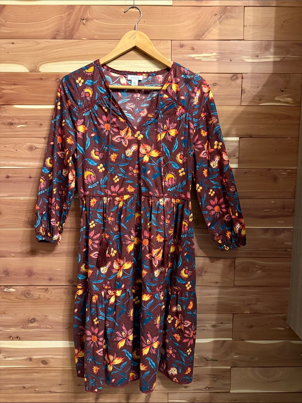 Sundance Maroon Floral Tiered Midi Dress with Teal & Mustard Accents